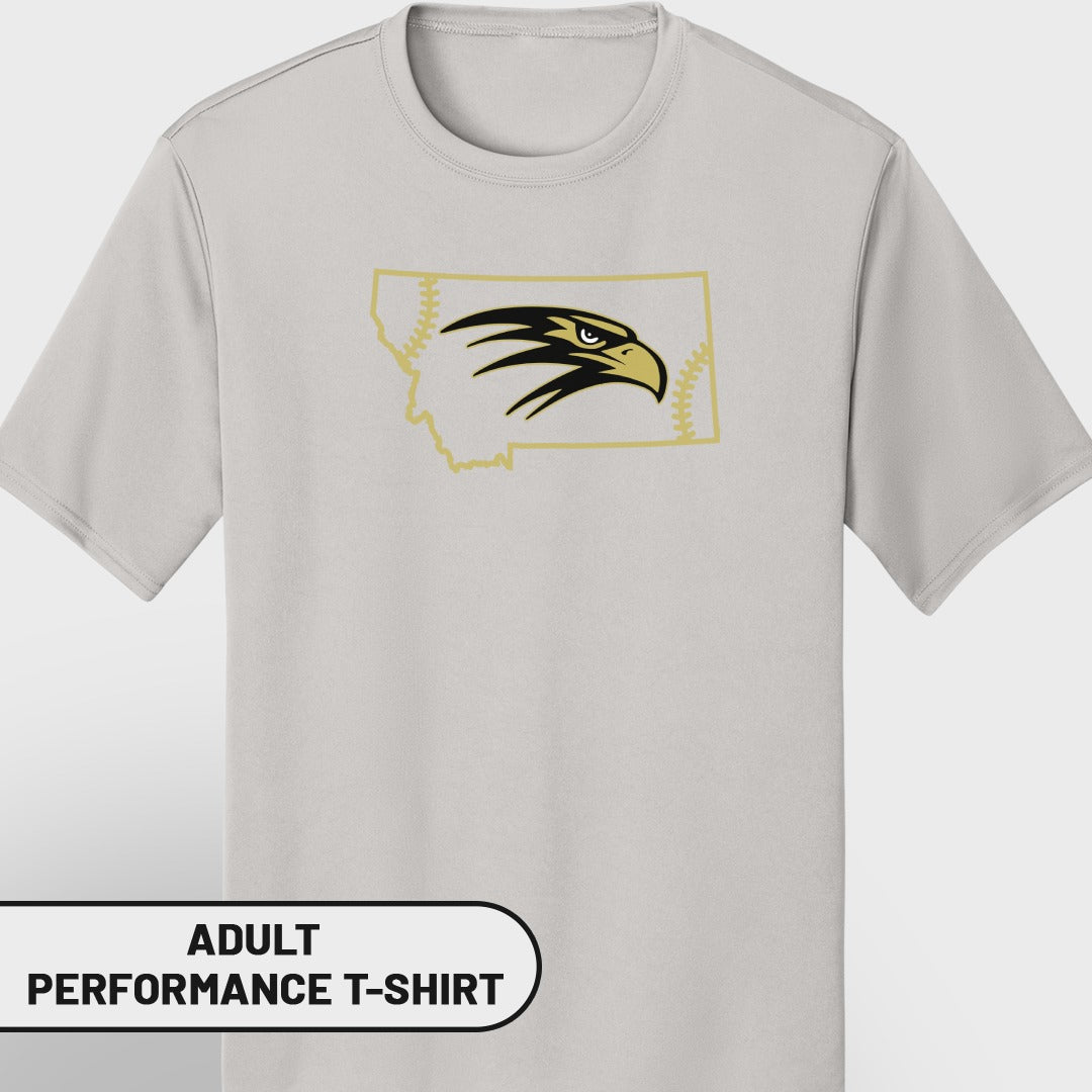 Gray adult performance t-shirt with Montana outline and eagle head logo.