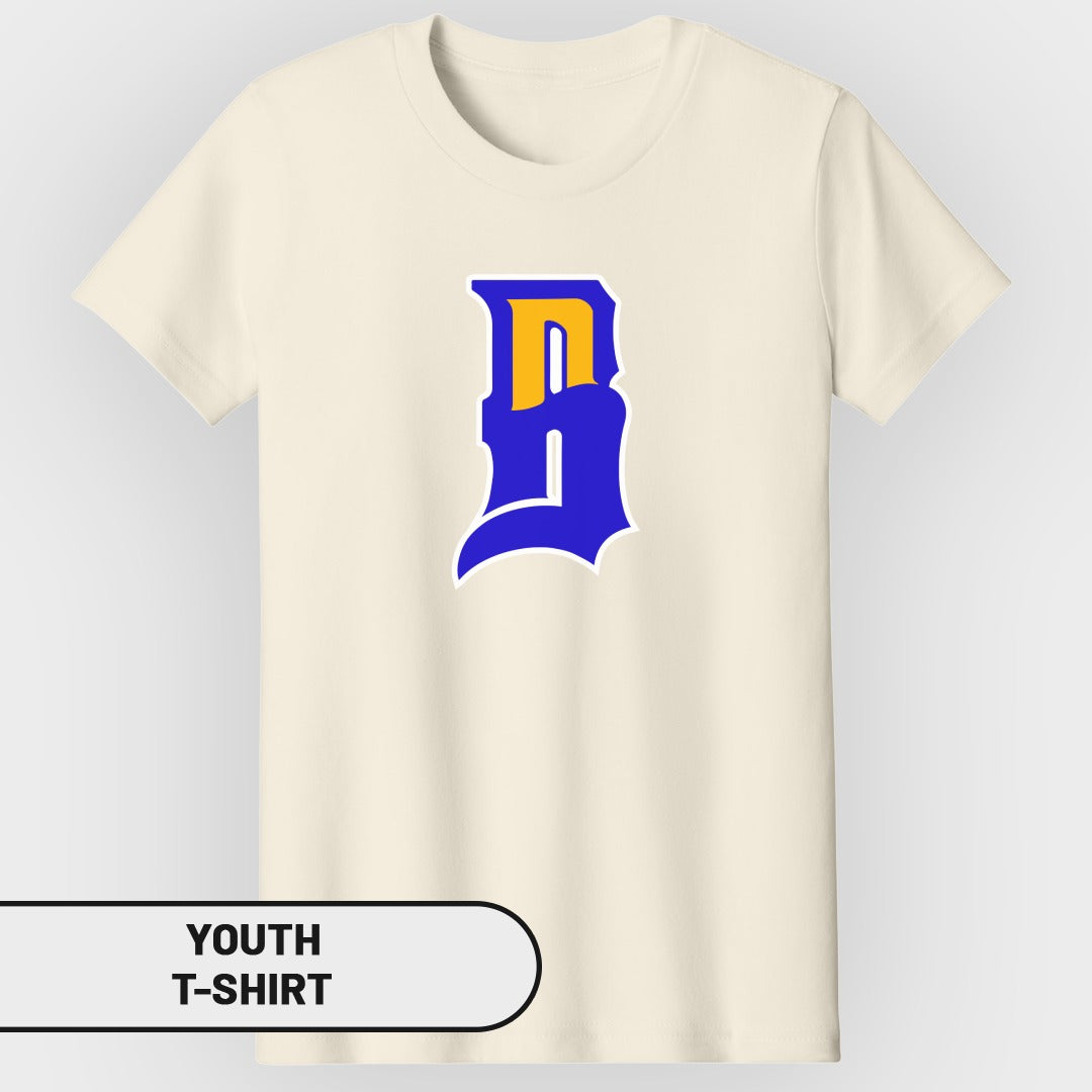 Cream youth t-shirt with a blue and yellow "D" logo.