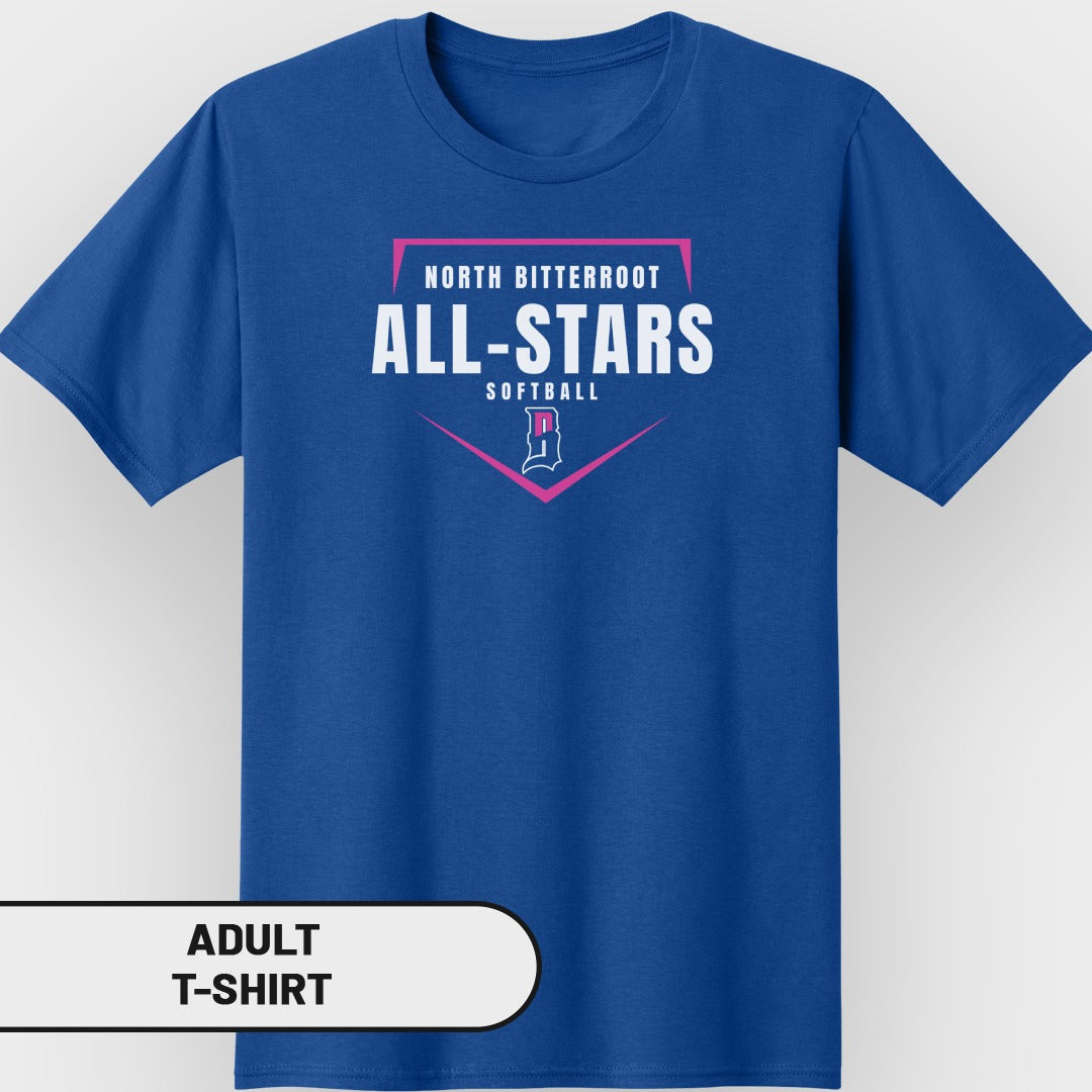 Blue t-shirt with "North Bitterroot All-Stars Softball" and a pink logo.