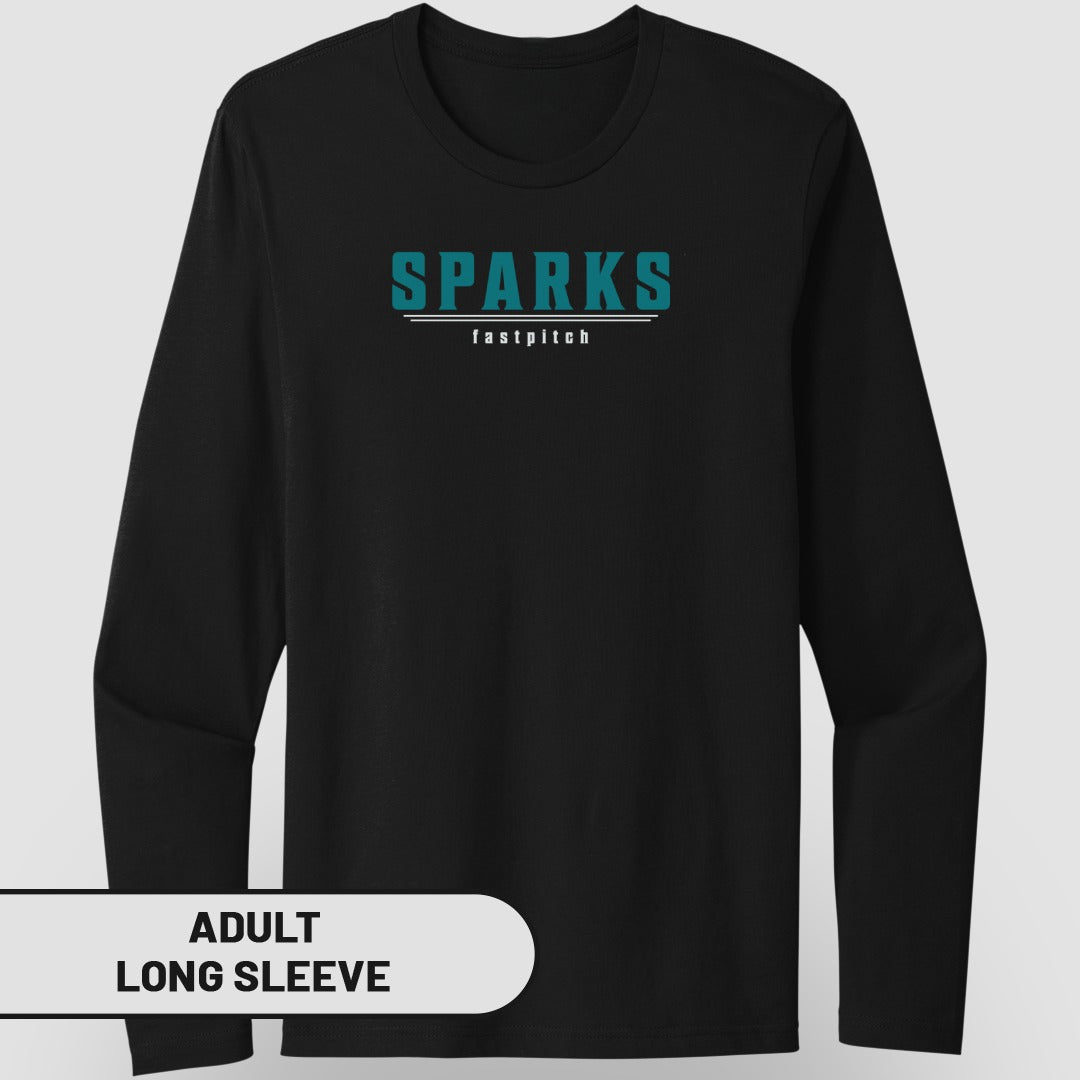 Black long sleeve shirt with "SPARKS fastpitch" text.