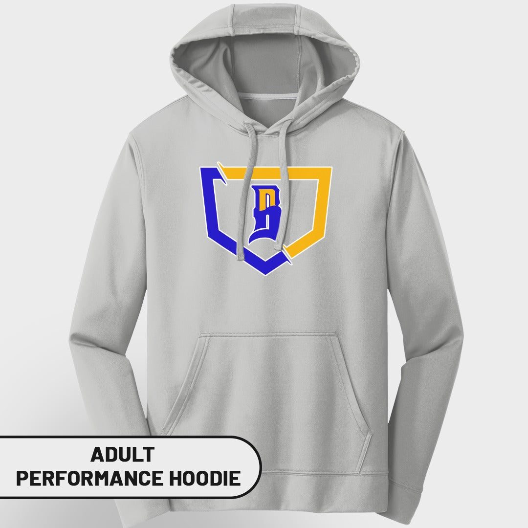 Gray adult performance hoodie with a blue and yellow shield logo.