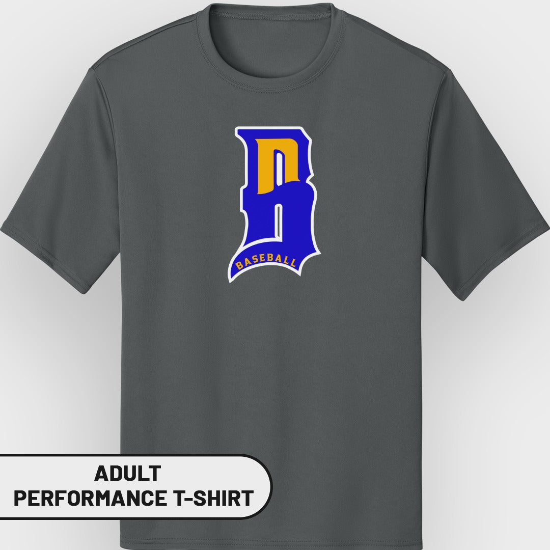 Dark gray adult performance t-shirt with blue "B" and "BASEBALL" text.