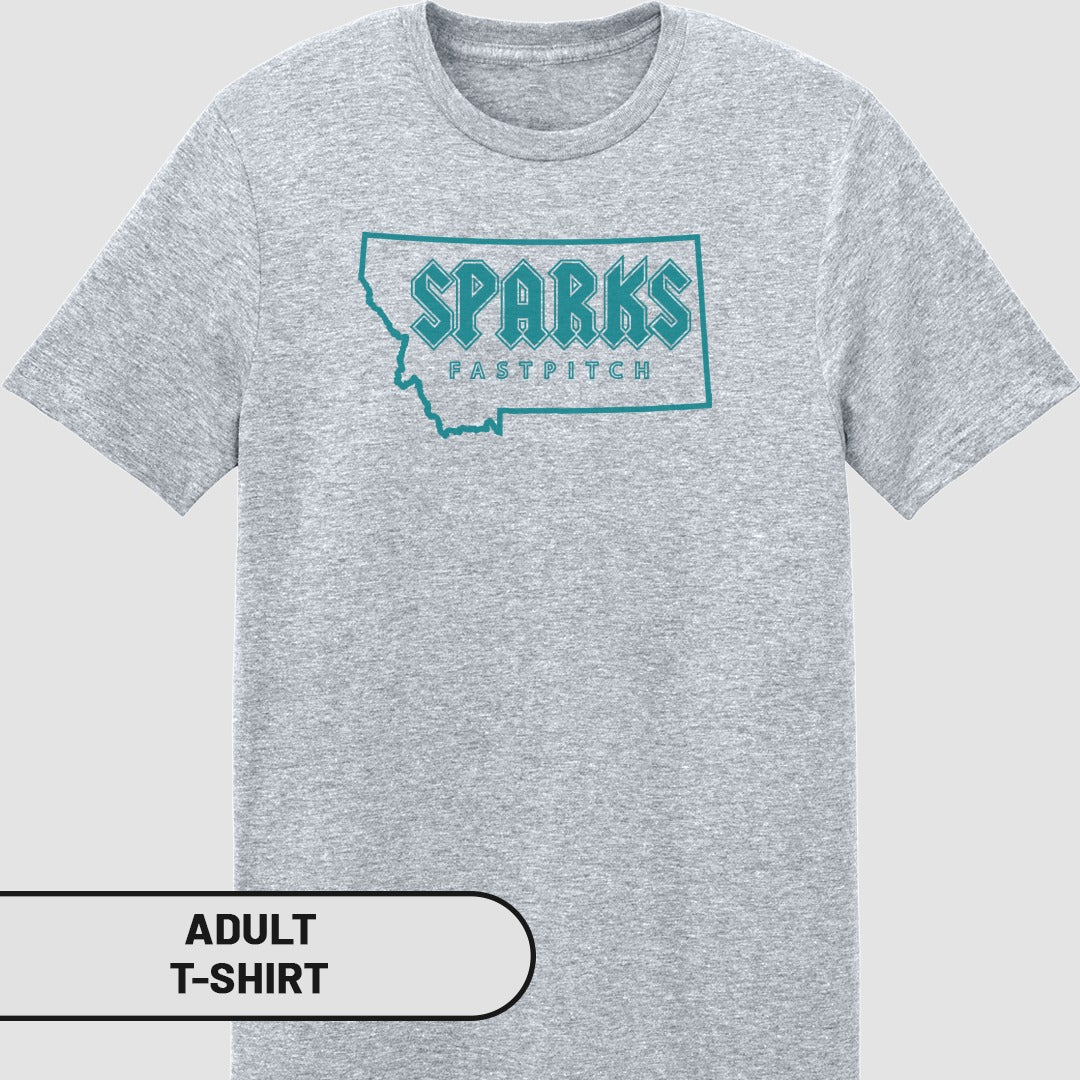 Gray adult t-shirt with teal "SPARKS FASTPITCH" logo in Montana outline.