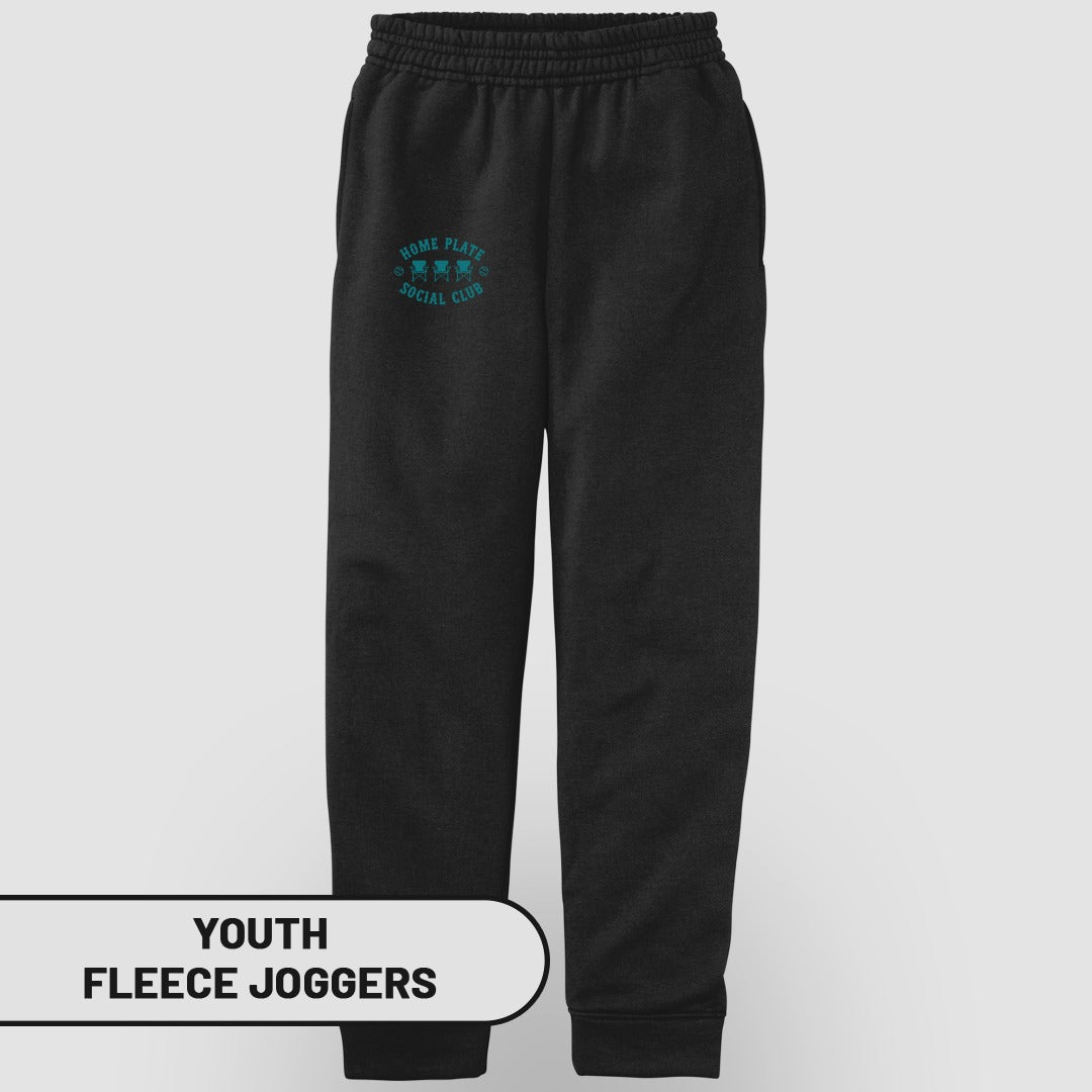 Black fleece joggers with "Home Plate Social Club" embroidered logo.