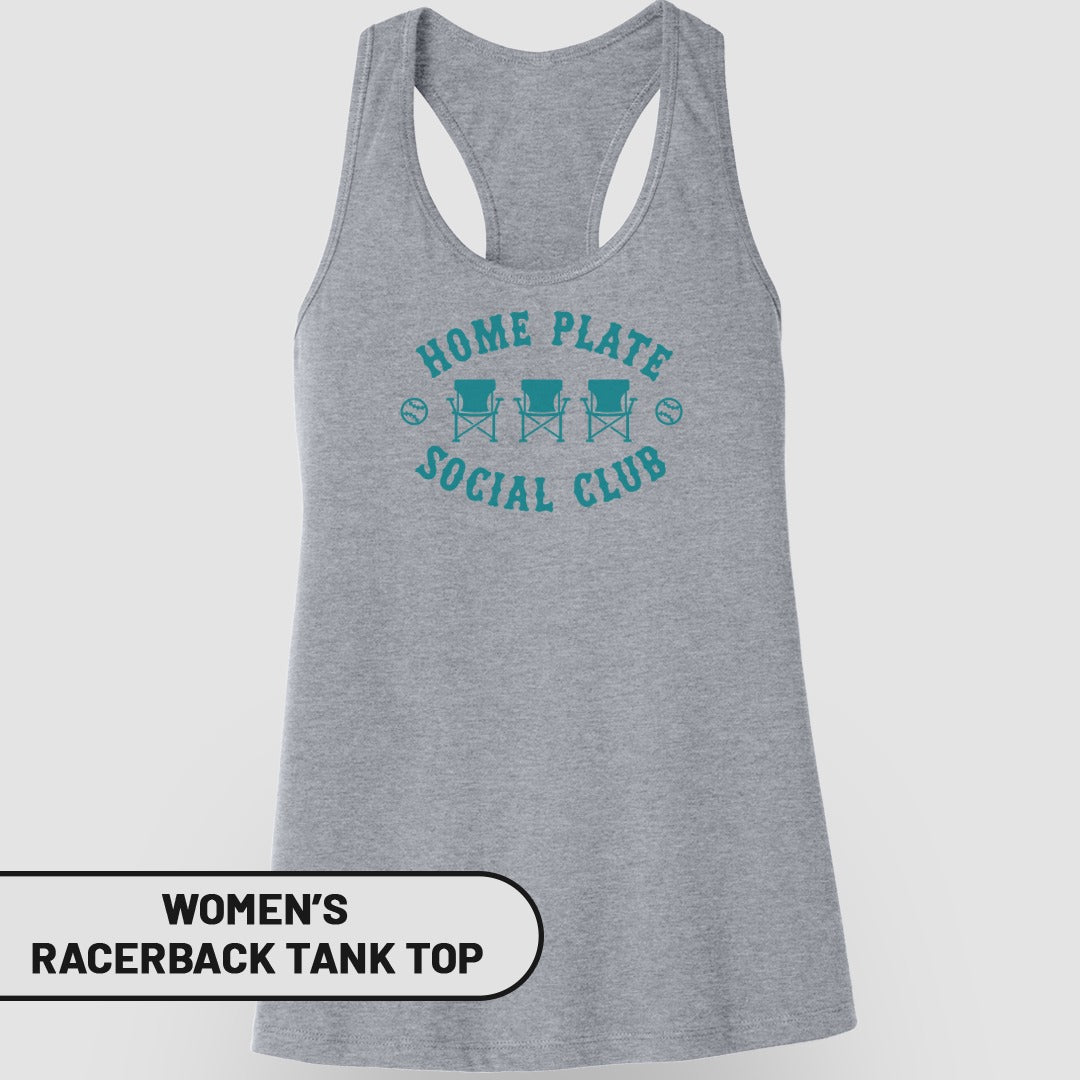 Gray women's racerback tank top with "Home Plate Social Club" text.