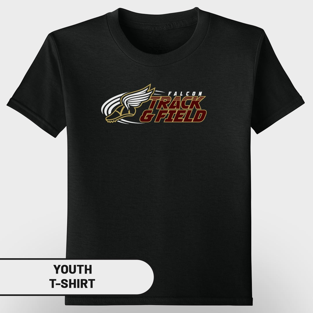 Black youth t-shirt with Falcon Track & Field logo.