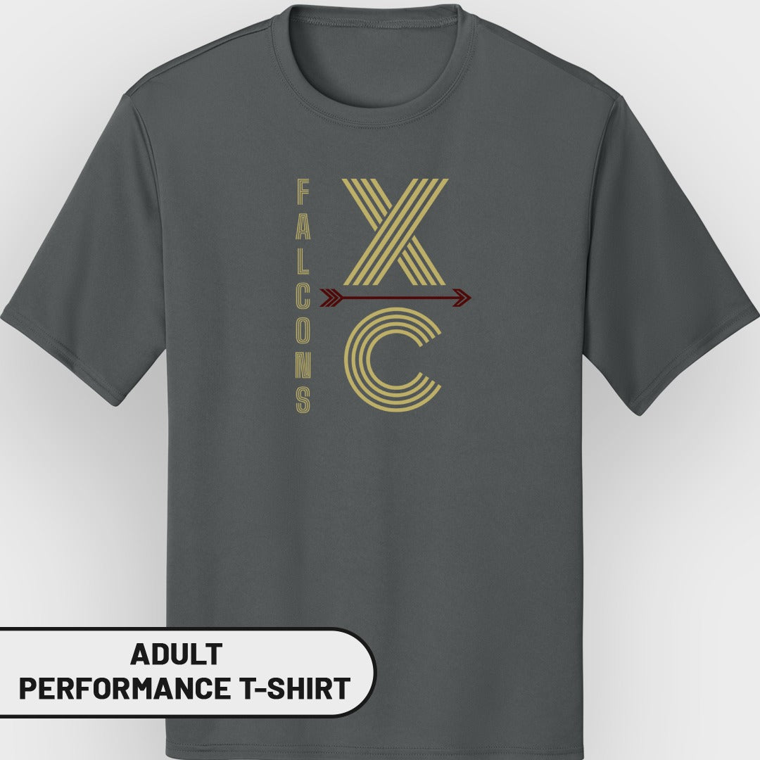 Dark gray adult performance t-shirt with "FALCONS" and "XC" graphic.