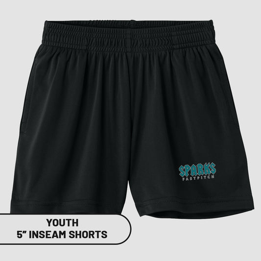 Black youth 5" inseam shorts with "Sparks Fastpitch" logo.