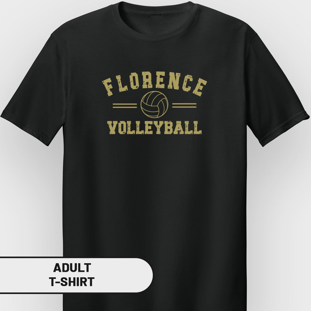 Black t-shirt with "FLORENCE VOLLEYBALL" and volleyball graphic.
