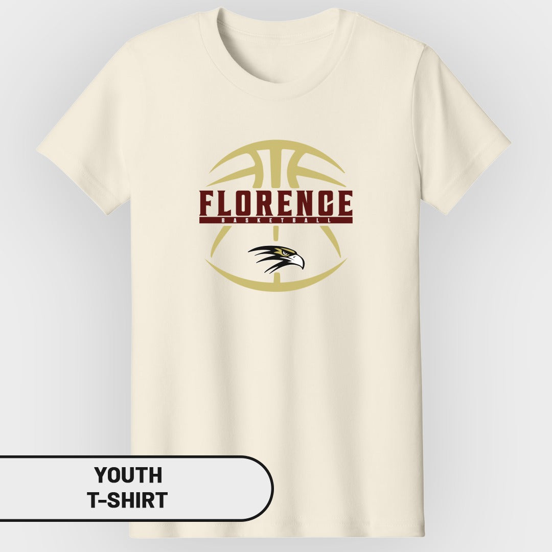Cream youth t-shirt with Florence basketball logo and eagle graphic.