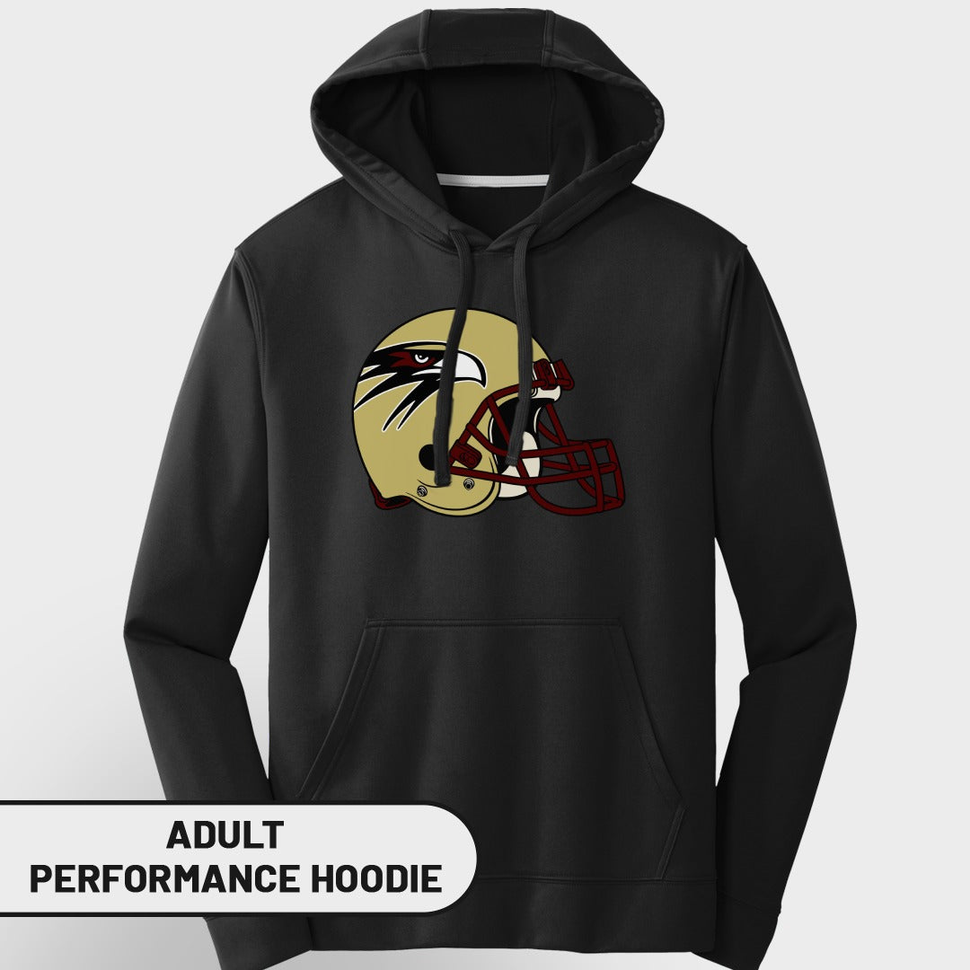 Black adult performance hoodie with gold and maroon football helmet graphic.