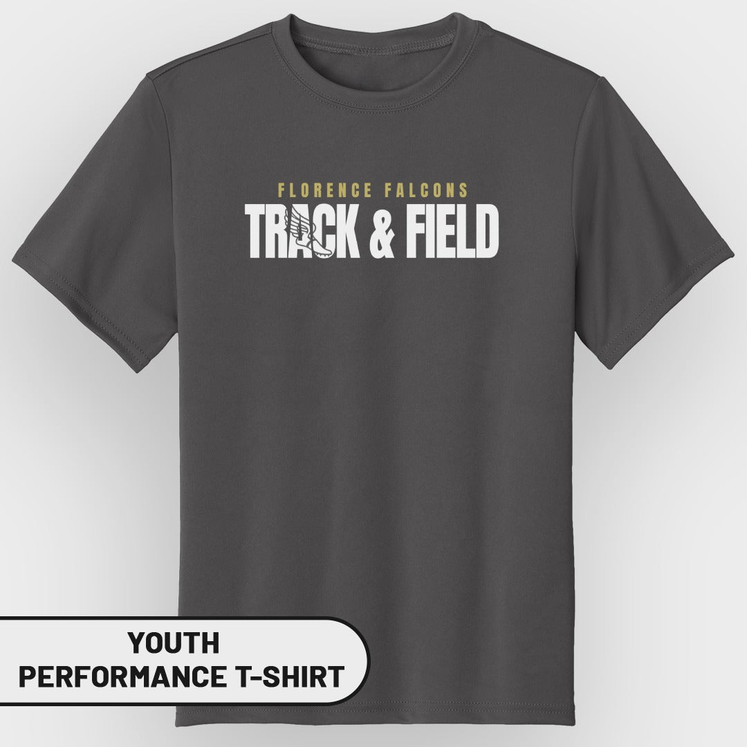 Dark grey youth performance t-shirt with "Florence Falcons Track & Field" text.