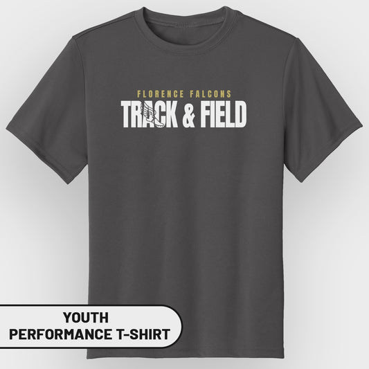 Dark grey youth performance t-shirt with "Florence Falcons Track & Field" text.