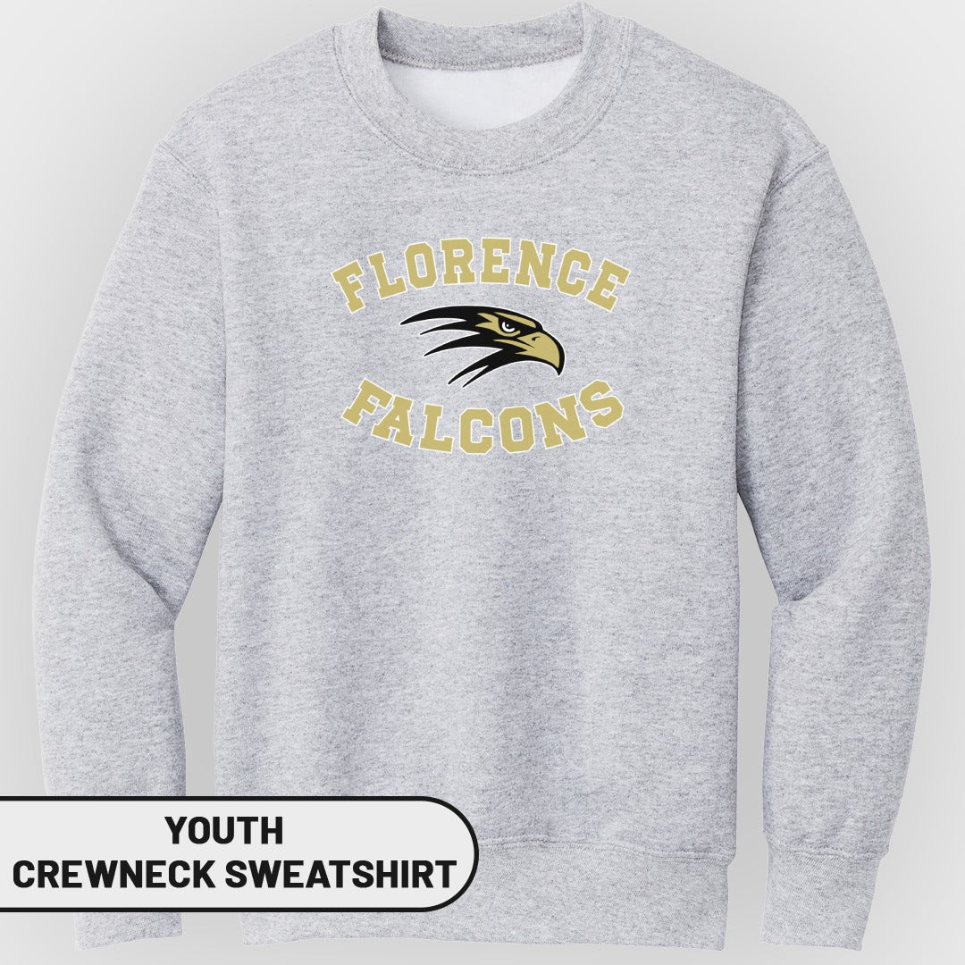 Light grey youth crewneck sweatshirt with "Florence Falcons" text and falcon graphic.