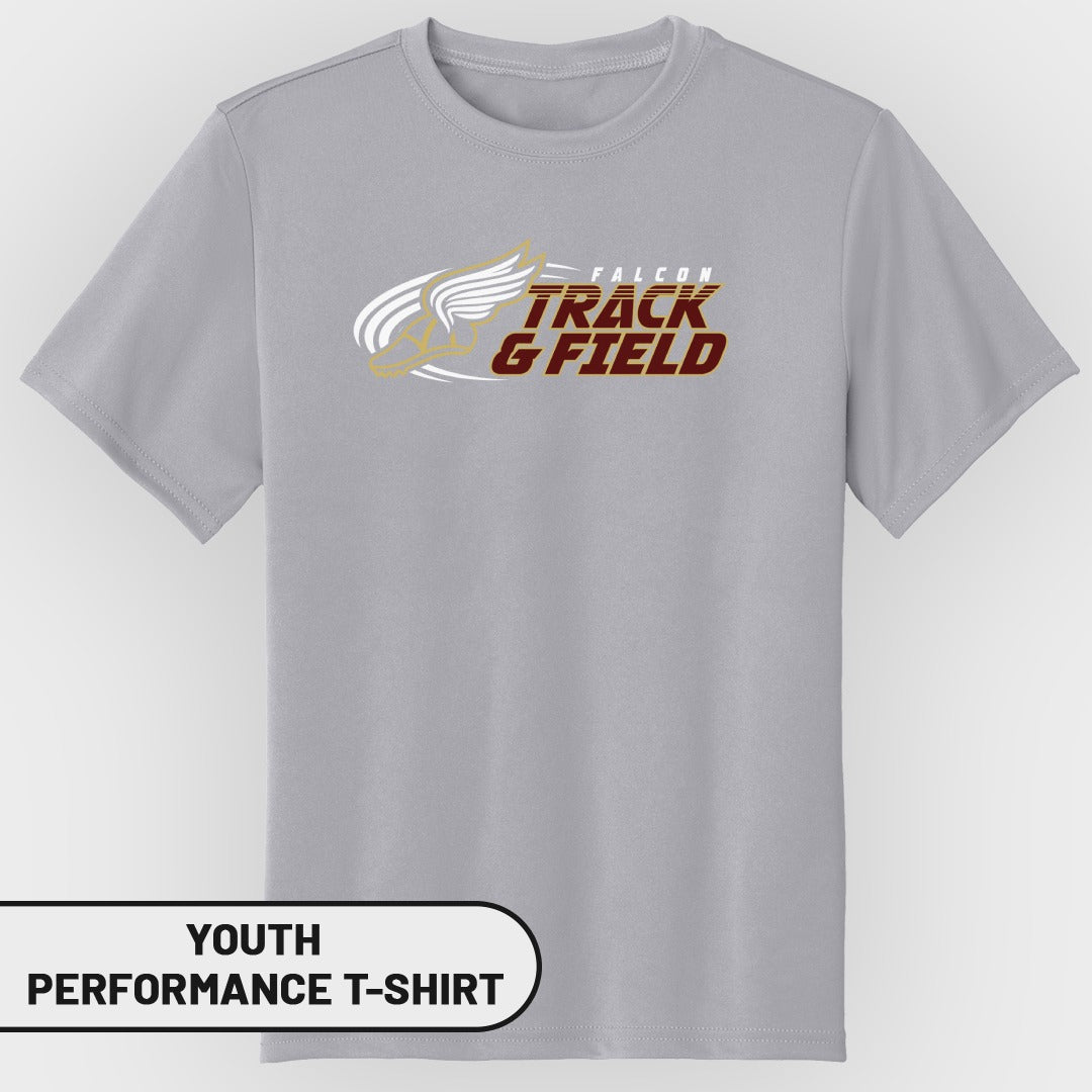 Youth performance t-shirt with Falcon Track & Field logo.