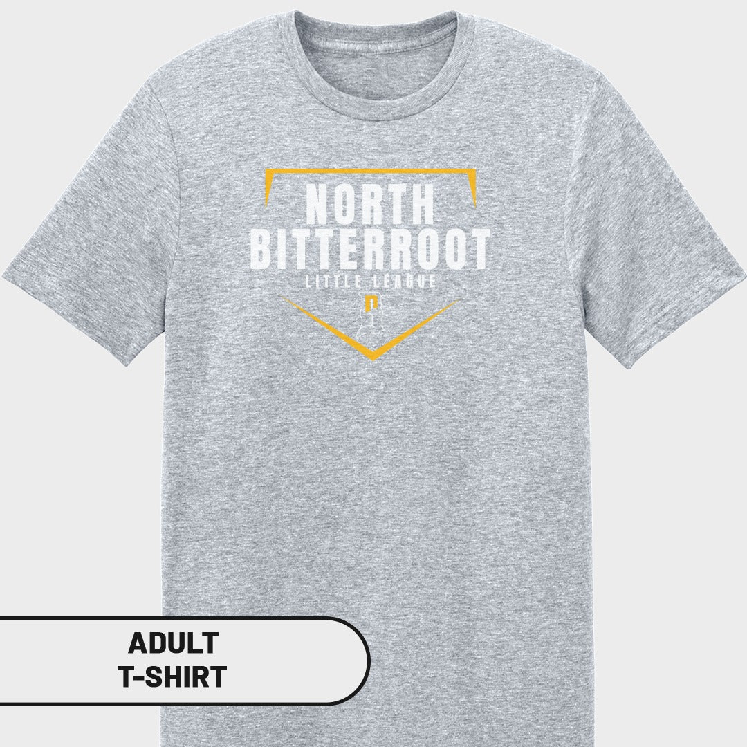 Gray adult t-shirt with "North Bitterroot Little League" logo.