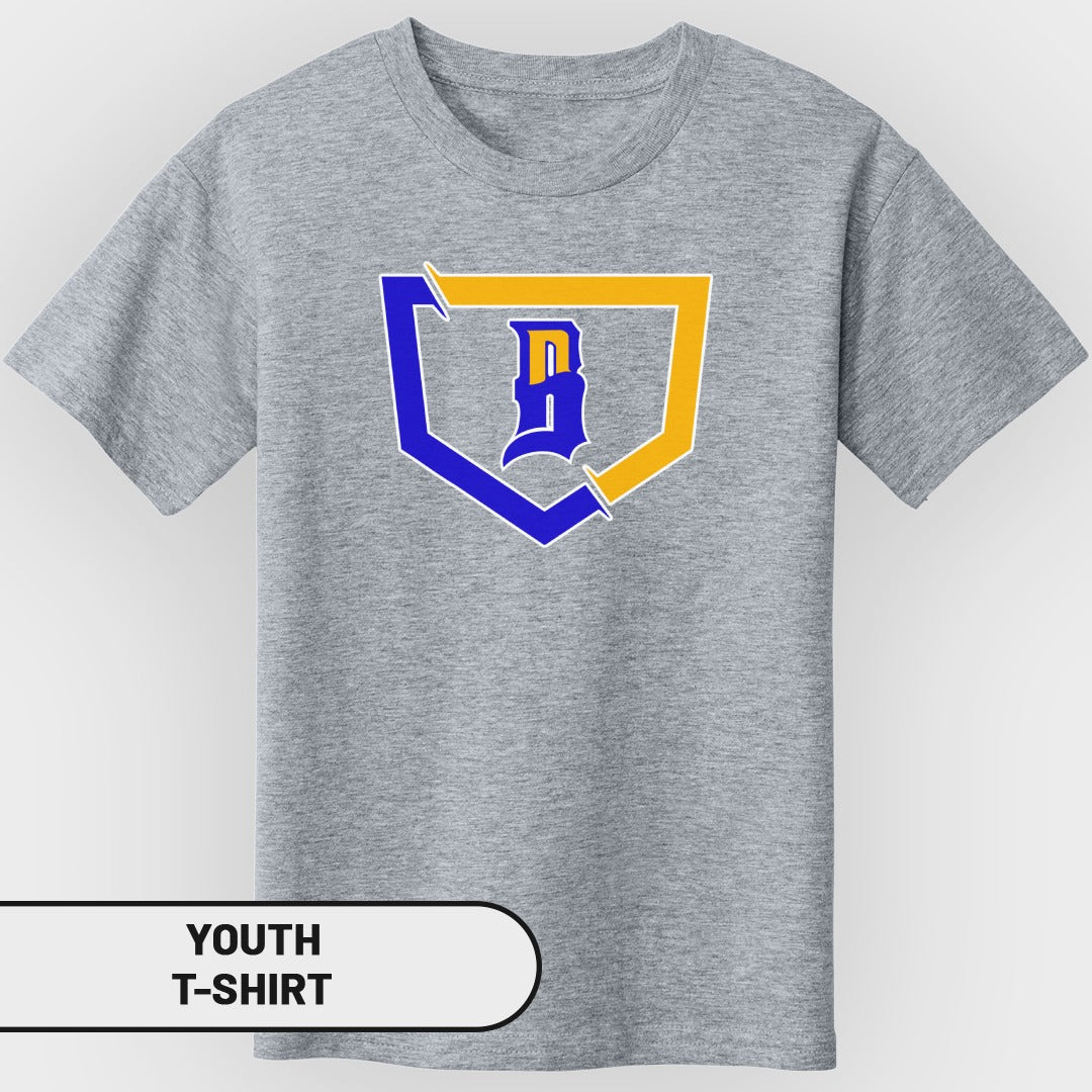 Youth gray t-shirt with blue and yellow shield logo.