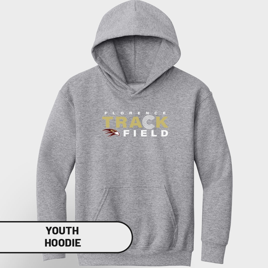 Grey youth hoodie with "Florence Track Field" text and eagle graphic.