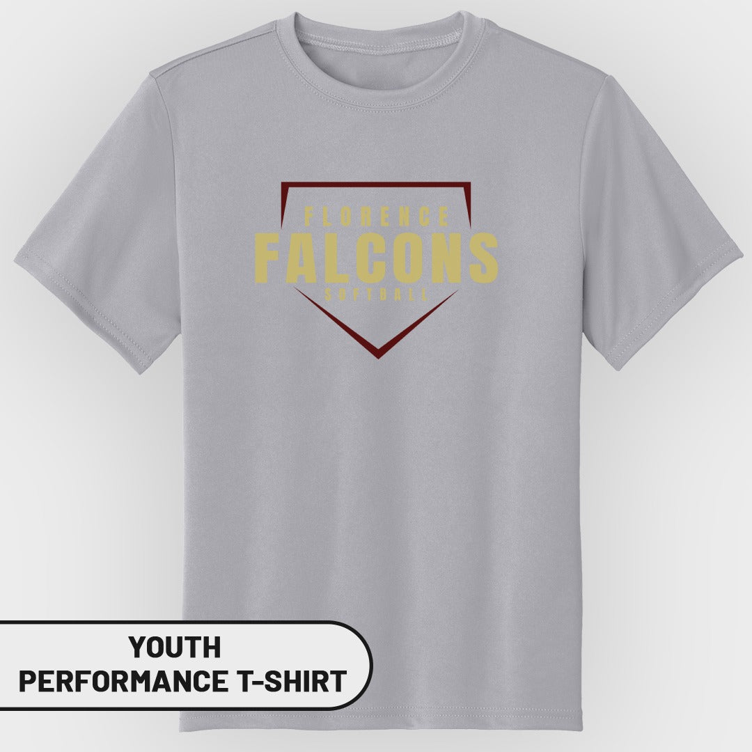 Grey youth performance t-shirt with Florence Falcons softball logo.