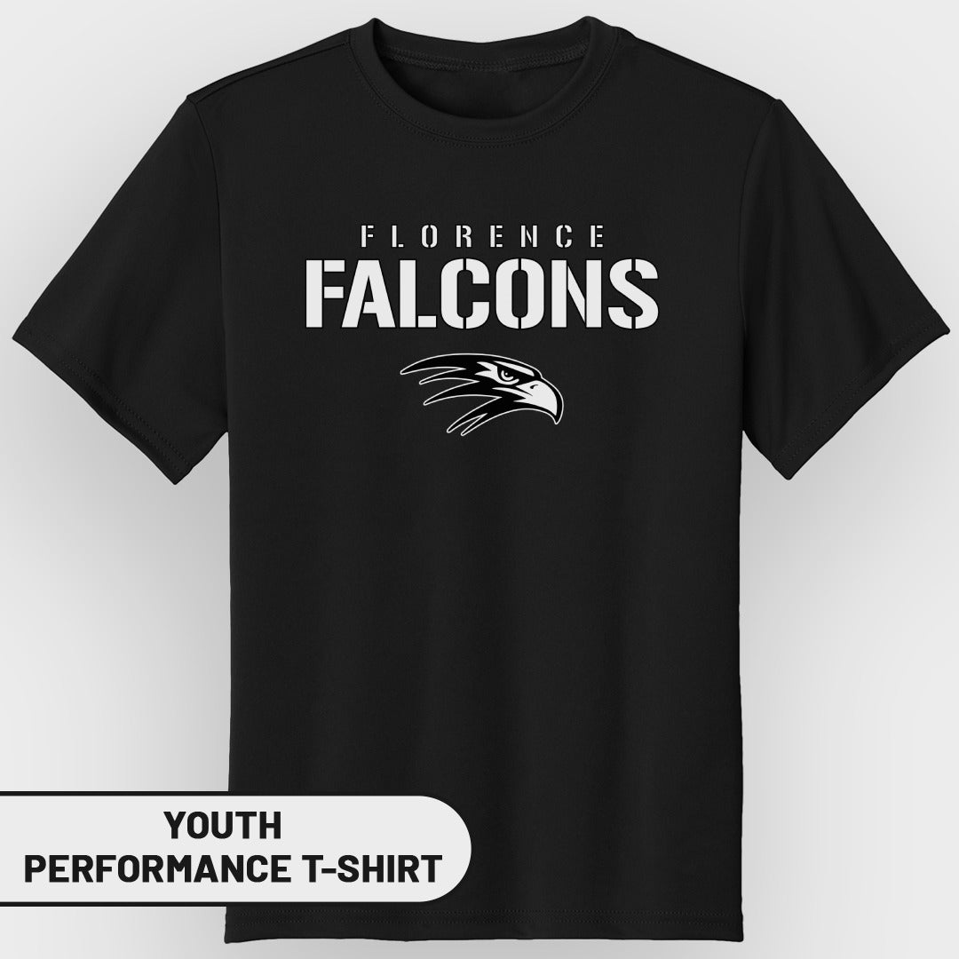 Black youth performance t-shirt with white Florence Falcons logo and text.