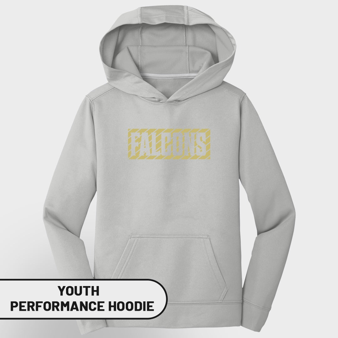 Youth gray performance hoodie with "FALCONS" text in a yellow box.