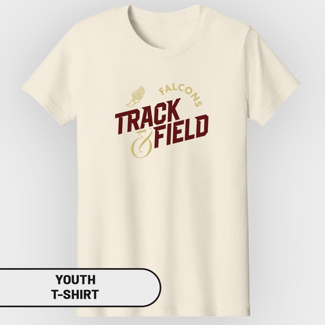 Cream youth t-shirt with "Falcons Track & Field" text and winged shoe graphic.