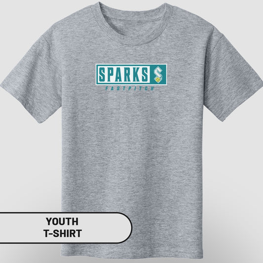 Youth Sparks Fastpitch t-shirt on a grey background with text overlay.