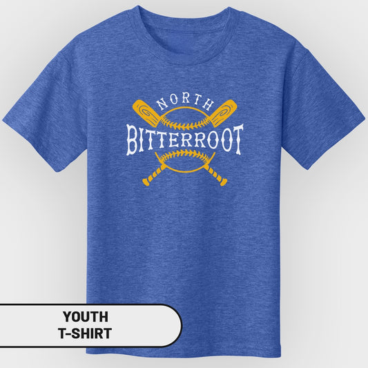 Youth t-shirt with "NORTH BITTERROOT" and crossed baseball bats.