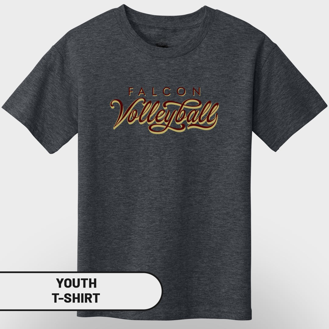 Youth t-shirt with "Falcon Volleyball" text in red and gold script.