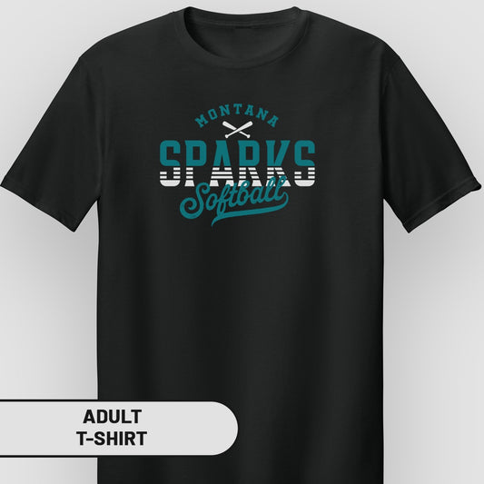 Black adult t-shirt with "MONTANA SPARKS SOFTBALL" in white and teal lettering.
