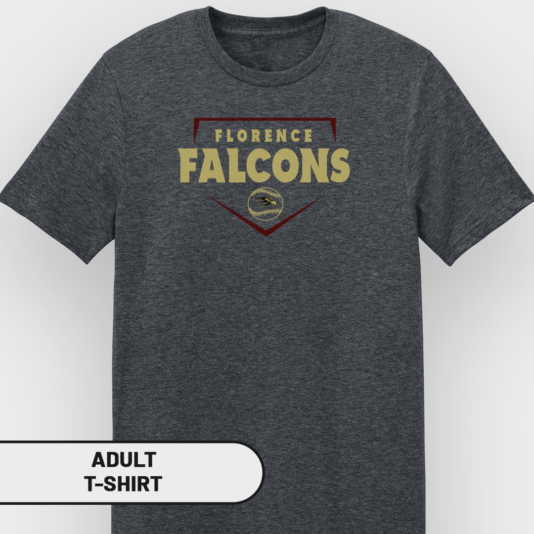 Dark gray adult t-shirt with Florence Falcons baseball logo on front.