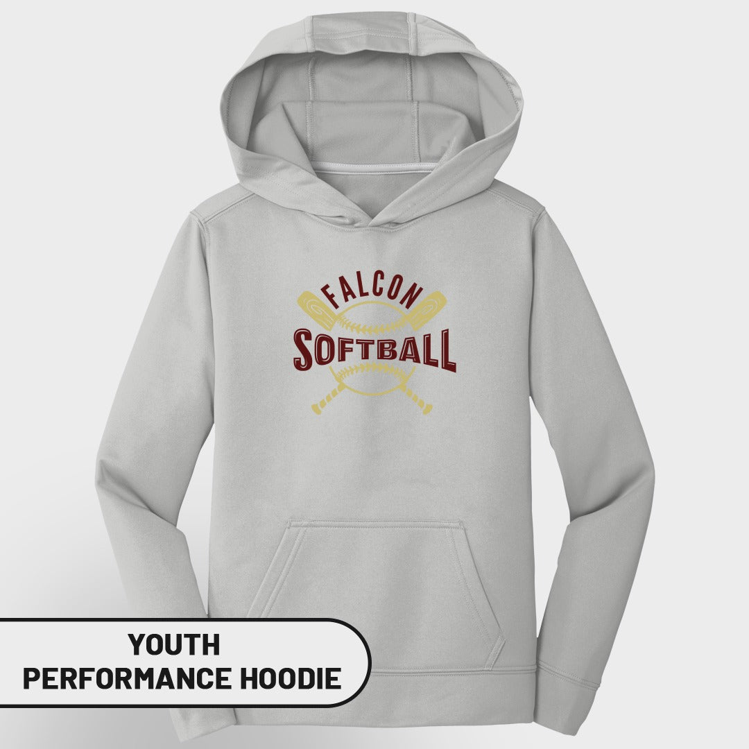 Light grey youth performance hoodie with "Falcon Softball" graphic and crossed bats.