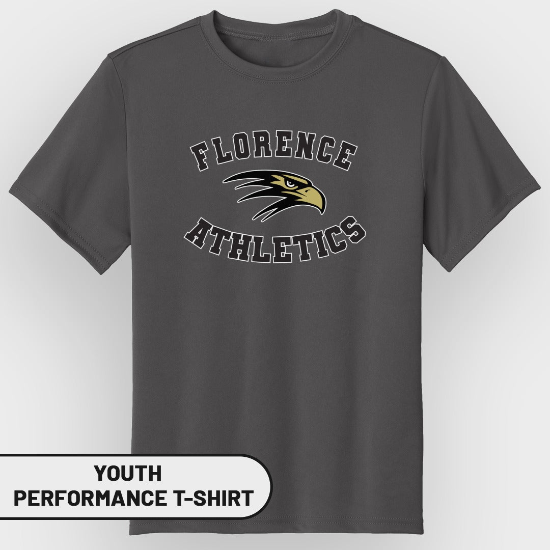 Youth performance t-shirt with "Florence Athletics" and eagle logo.