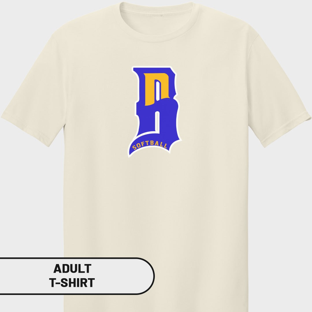 Cream t-shirt with large blue and yellow "B" logo and "SOFTBALL" text.