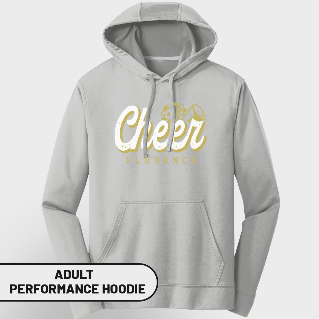 Gray adult performance hoodie with "Cheer Florence" graphic.