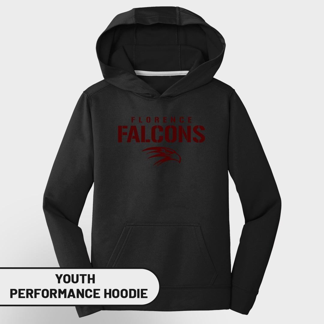 Youth black performance hoodie with Florence Falcons logo and text.