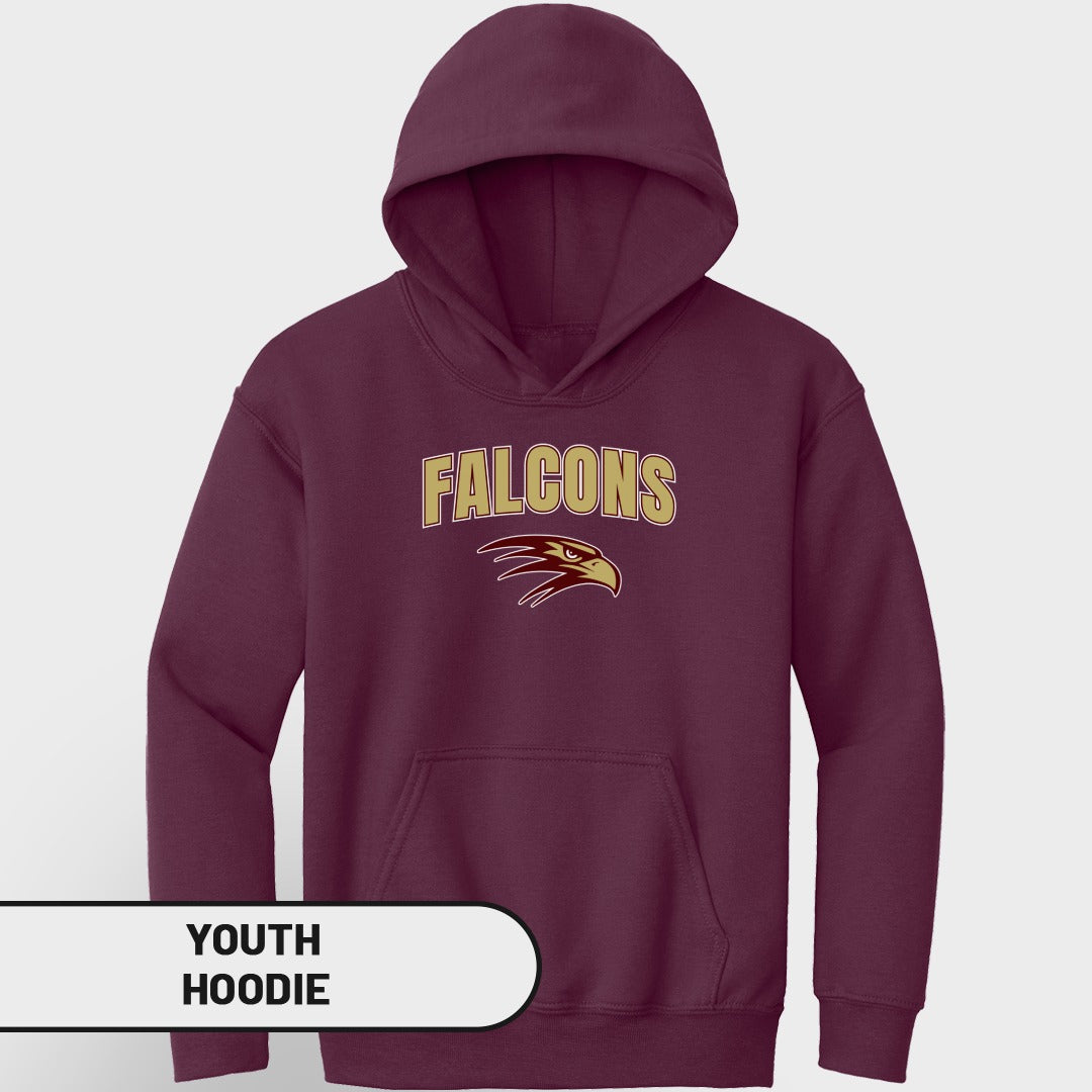 Burgundy youth hoodie with "Falcons" text and eagle logo.