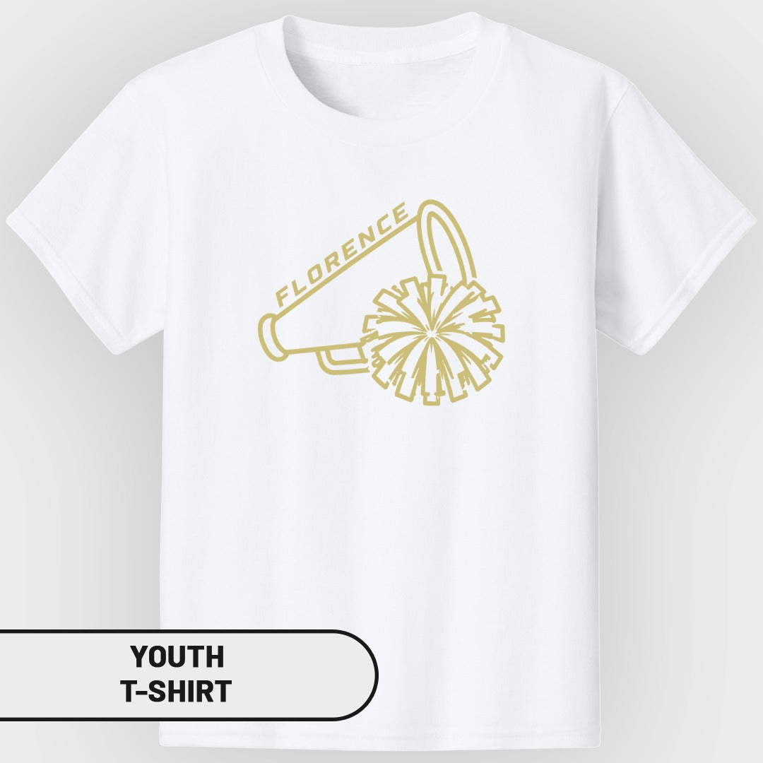 White youth t-shirt with gold megaphone and pom-pom graphic, reading "FLORENCE".