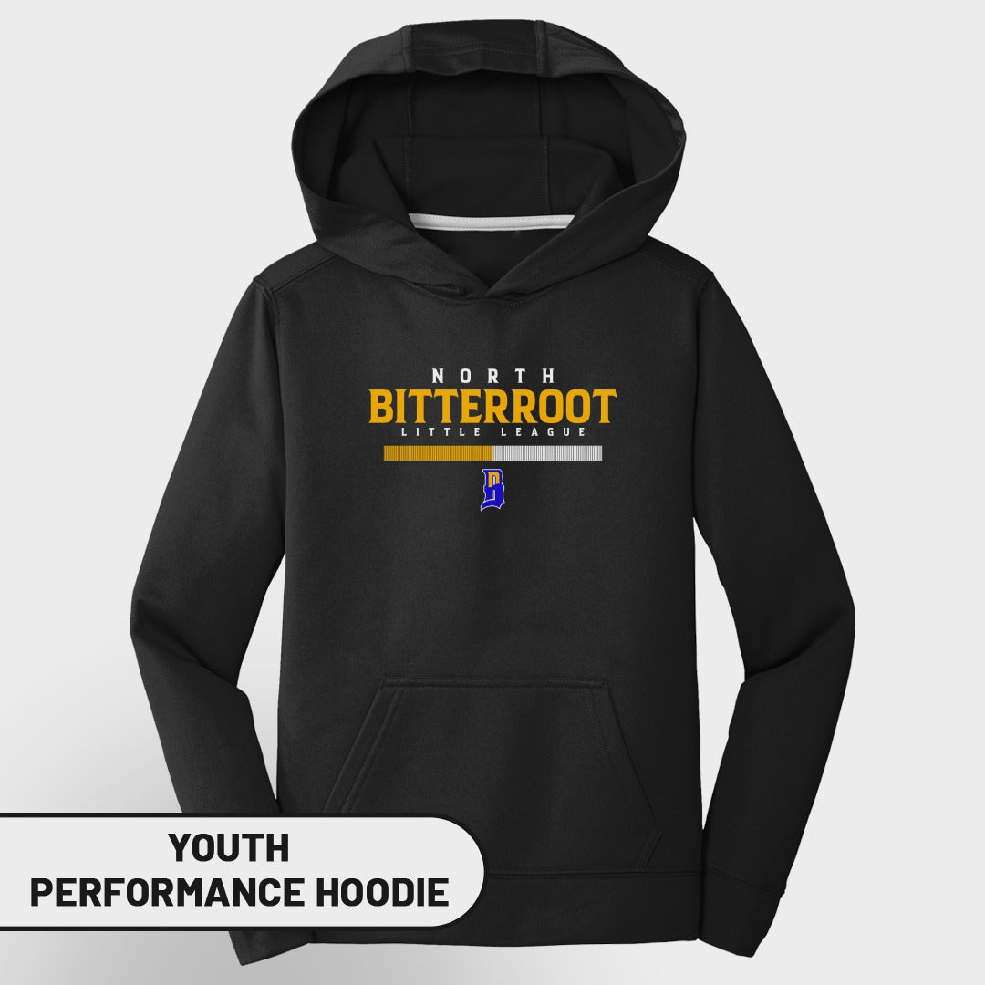 Black youth performance hoodie with North Bitterroot Little League logo.