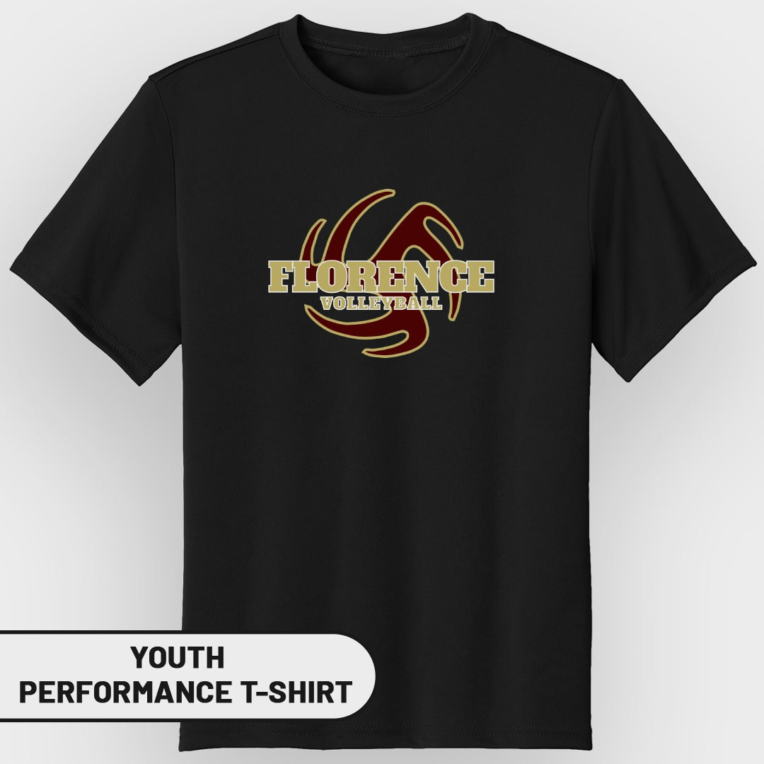 Black youth performance t-shirt with Florence Volleyball logo.