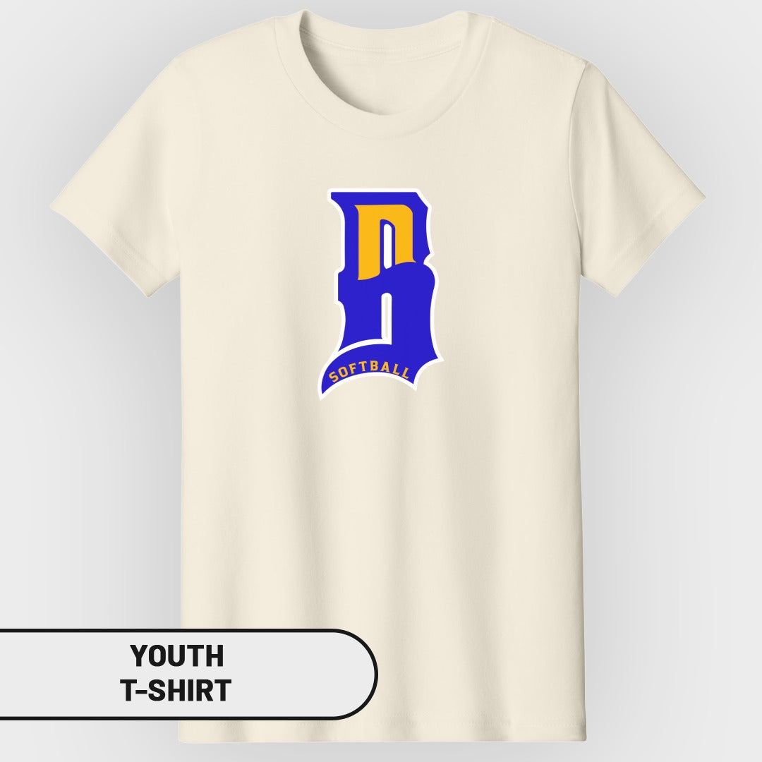 Cream youth t-shirt with blue and yellow "D Softball" graphic.