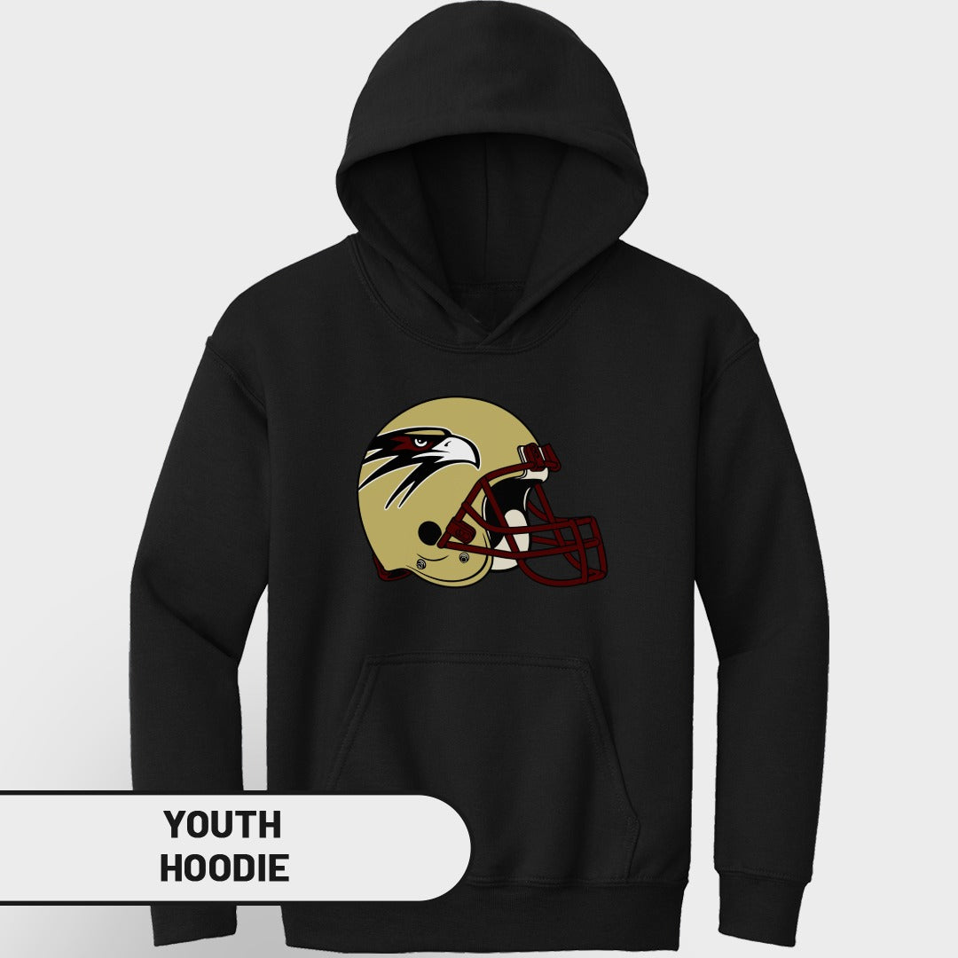 Black youth hoodie with gold football helmet featuring eagle logo and maroon facemask.