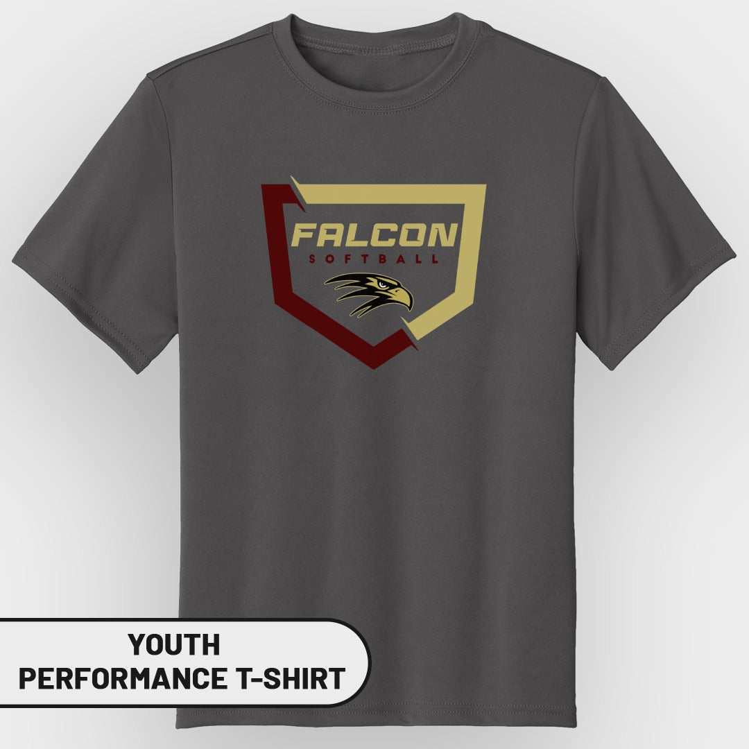 Gray youth performance t-shirt with a shield logo featuring "FALCON SOFTBALL" and an eagle head.