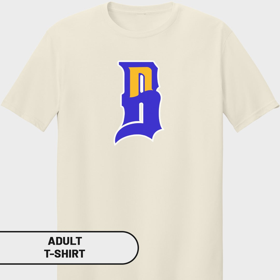 Cream t-shirt with blue and yellow stylized "B" logo.