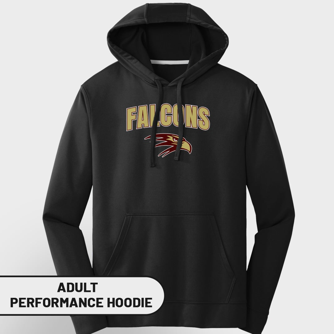 Black adult performance hoodie with "FALCONS" text and eagle logo.