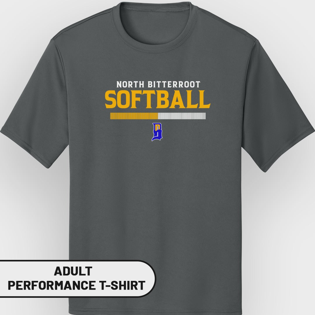 Gray adult performance t-shirt with "North Bitterroot Softball" logo.