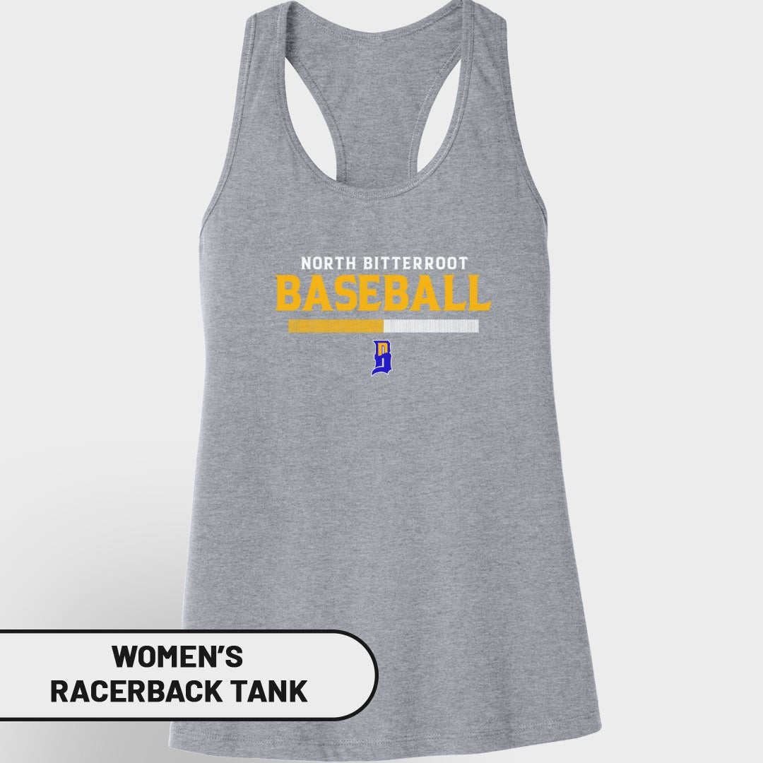 Grey women's racerback tank top with "NORTH BITTERROOT BASEBALL" text and logo.