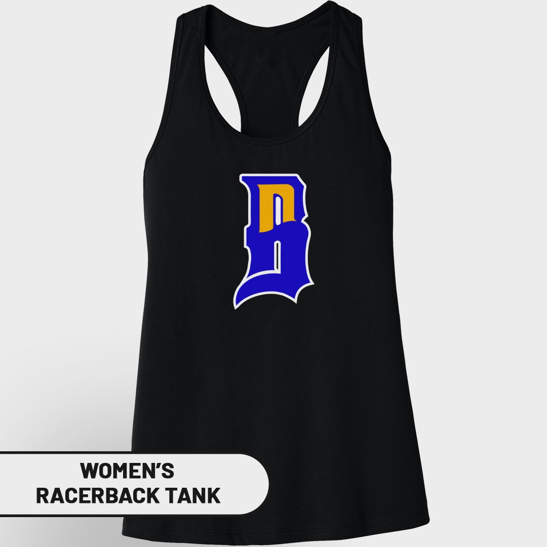 Black women's racerback tank top with a blue and yellow "B" logo.