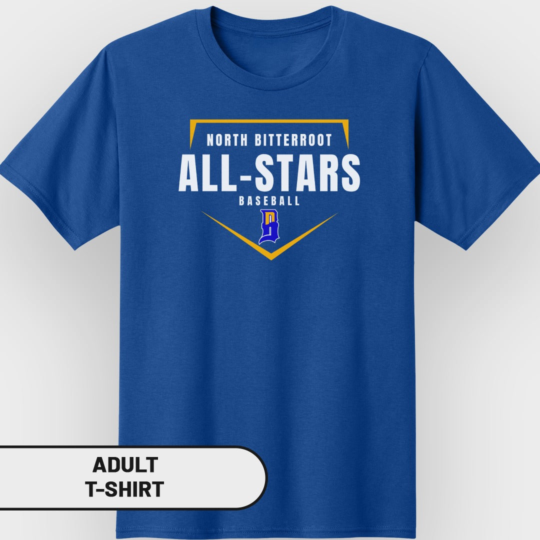 Adult royal blue t-shirt with "North Bitterroot All-Stars Baseball" and a team logo.