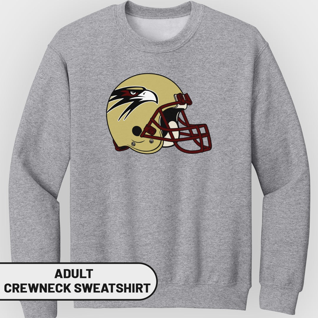 Grey adult crewneck sweatshirt featuring a golden football helmet with eagle design.